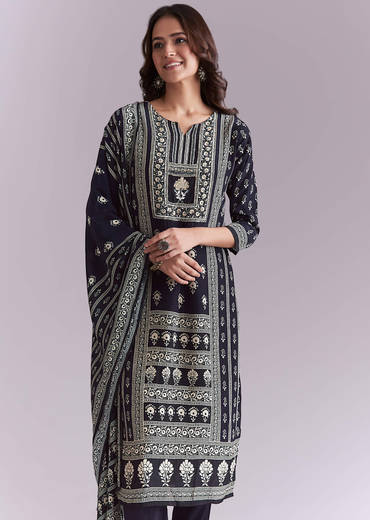 Blue Crepe Kurta Set With Indie Print And Moti Detail