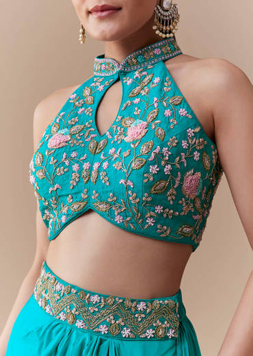 Blue Crepe Silk Crop Top Skirt Set with Embroidered Detail