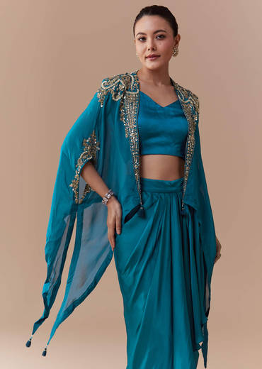 Blue Crop Top Skirt Set with Sequin Cape