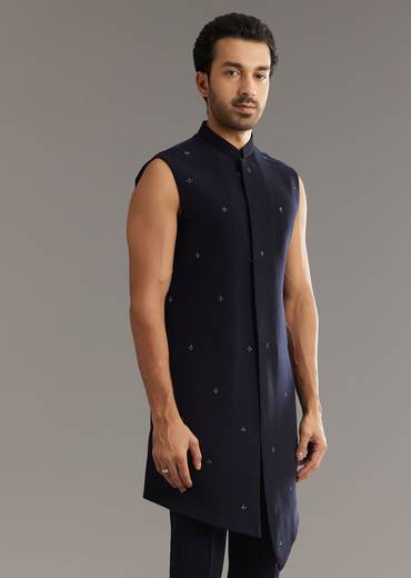 Blue Cutdana Embroidered Indo Western Set With Bird And Floral Motif