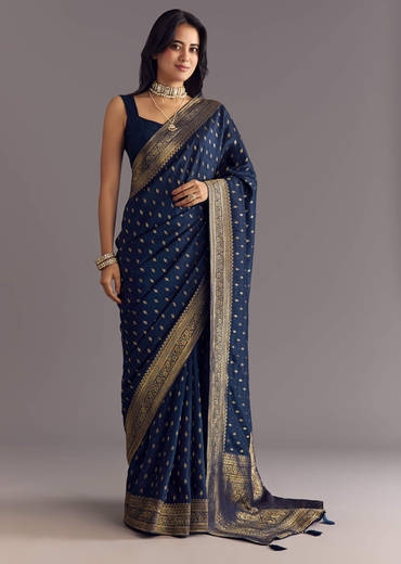 Blue Dola Silk Saree With Zari Border And Butti Work