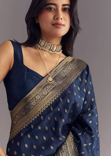 Blue Dola Silk Saree With Zari Border And Butti Work