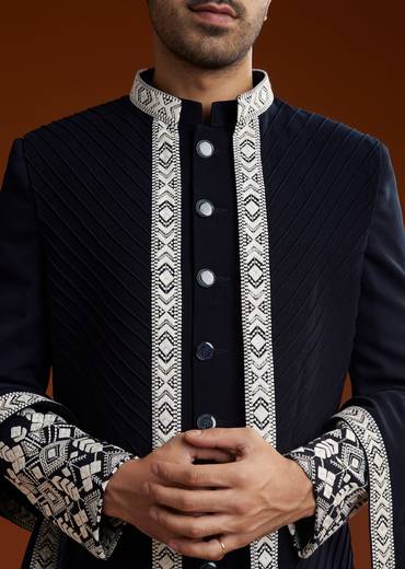 Blue Embroidered Indo Western Jacket Set With Dupatta