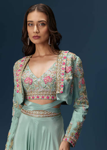 Blue Embroidered Palazzo Set With Coordinated Jacket And Blouse