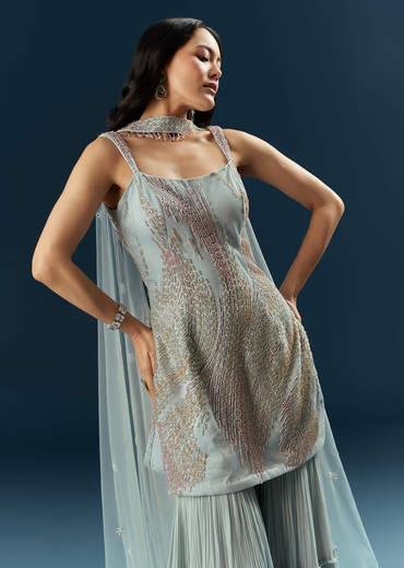 Blue Imported Net Sharara Suit With Cutdana Embroidery