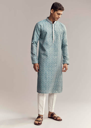 Blue Jacquard Kurta Set For Men