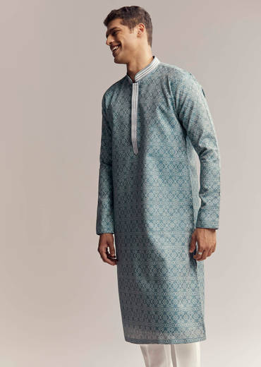 Blue Jacquard Kurta Set For Men