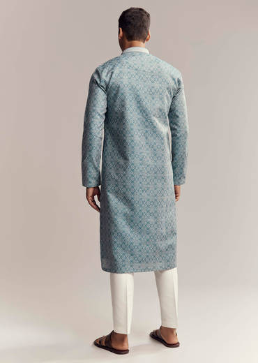 Blue Jacquard Kurta Set For Men