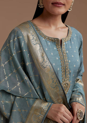 Blue Jacquard Weave Silk Kurta Set with Zardosi