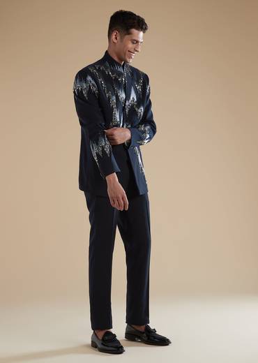 Blue Jodhpuri Set With Cut Dana Metal Detail Work