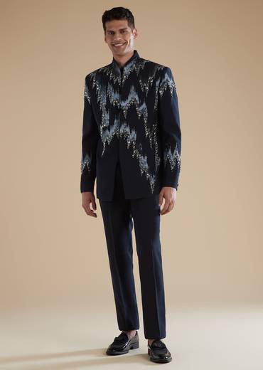 Blue Jodhpuri Set With Cut Dana Metal Detail Work