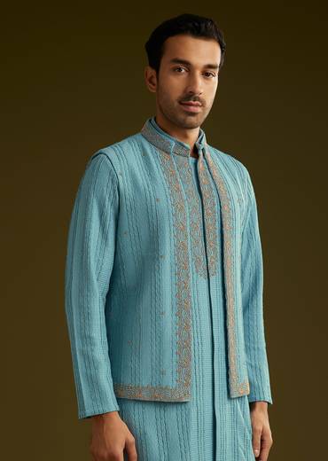 Blue Knit Kurta Jacket Set With Moti Work