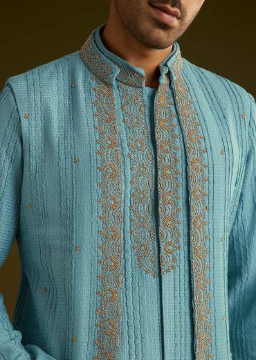 Blue Knit Kurta Jacket Set With Moti Work