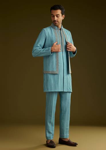 Blue Knit Kurta Jacket Set With Moti Work
