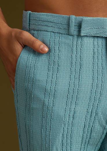 Blue Knit Kurta Jacket Set With Moti Work