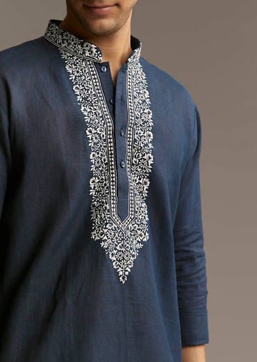 Blue Linen Kurta Set For Men With Thread And Resham Embroidery