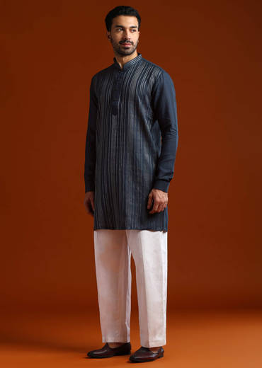Blue Linen Kurta Set For Men With Thread Work