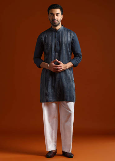 Blue Linen Kurta Set For Men With Thread Work