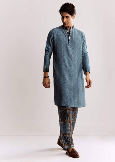 Blue Linen Kurta Set With Ajrakh Print