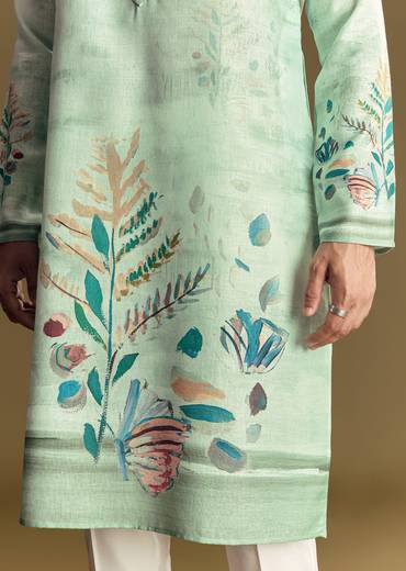 Blue Linen Kurta Set With All Over Floral Print And Mandarin Collar