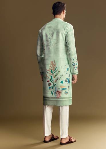 Blue Linen Kurta Set With All Over Floral Print And Mandarin Collar