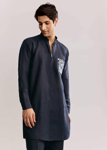 Blue Linen Kurta Set With Embroidery