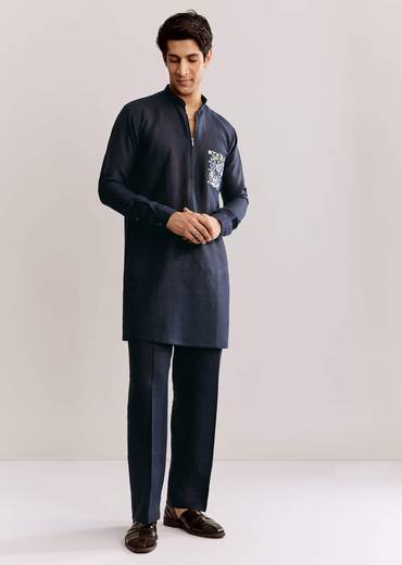 Blue Linen Kurta Set With Embroidery