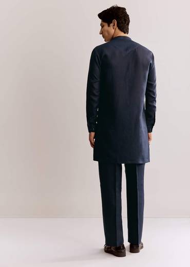 Blue Linen Kurta Set With Embroidery