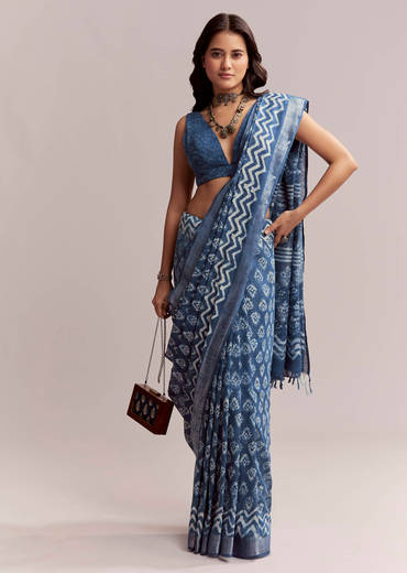 Blue Linen Printed Saree With Traditional Ajrakh Leaf Print