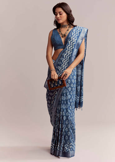 Blue Linen Printed Saree With Traditional Ajrakh Leaf Print