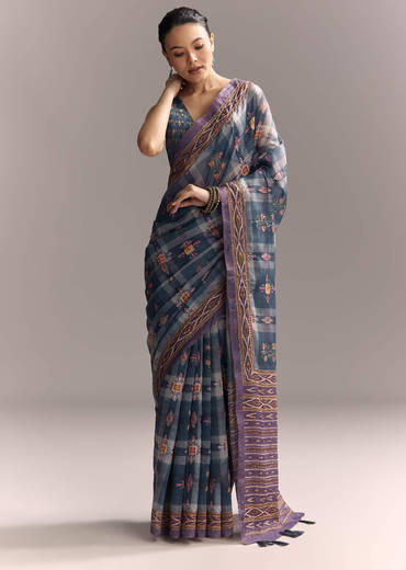 Blue Linen Saree With Hand Block Ajrakh Print And Lavender Border