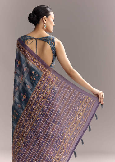 Blue Linen Saree With Hand Block Ajrakh Print And Lavender Border