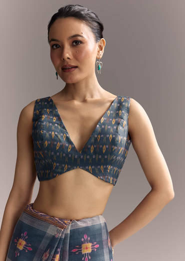 Blue Linen Saree With Hand Block Ajrakh Print And Lavender Border