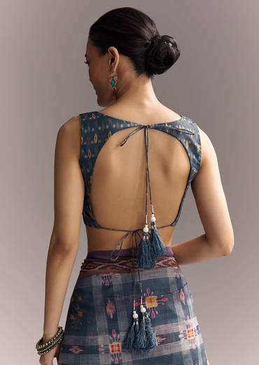 Blue Linen Saree With Hand Block Ajrakh Print And Lavender Border