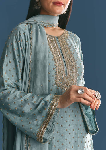 Blue Kurta Dupatta Set With Moti Cutdana Work