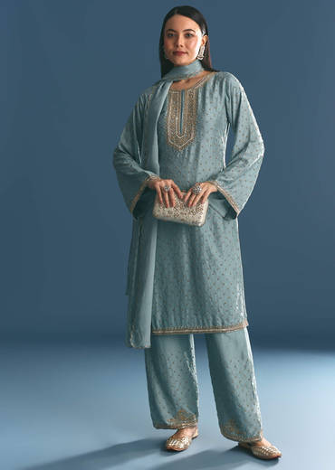 Blue Kurta Dupatta Set With Moti Cutdana Work