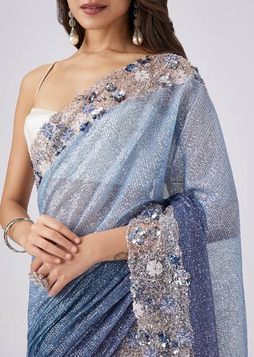 Blue Net Half And Half Sequin Saree
