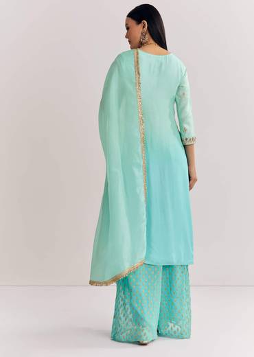 Blue Ombre Kurta Palazzo Suit With Zardosi And Sequins Work