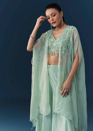 Blue Organza Embroidered Crop Top Palazzo Set with Cape