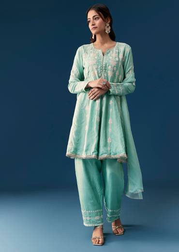 Blue Peplum Pakistani Style Anarkali Suit Thread Work With Dupatta