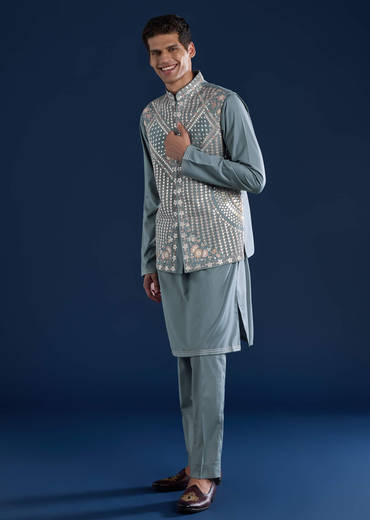 Blue Rayon Jacket Kurta Set with Gotta Patti