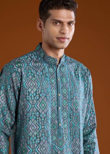 Blue Resham Motif Mens Kurta Pant Set in Silk