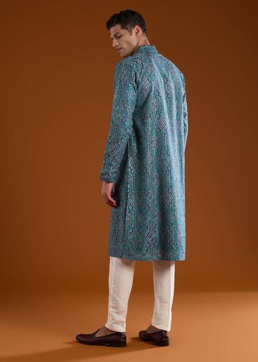 Blue Resham Motif Mens Kurta Pant Set in Silk