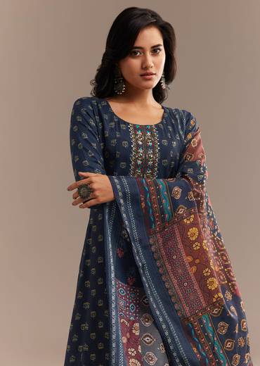 Blue Roman Silk Printed Anarkali Set