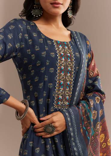 Blue Roman Silk Printed Anarkali Set