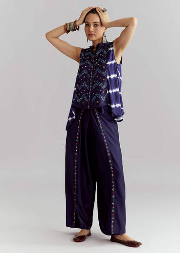 Blue Satin Indo Western Set With Bandhani And Leheriya Print