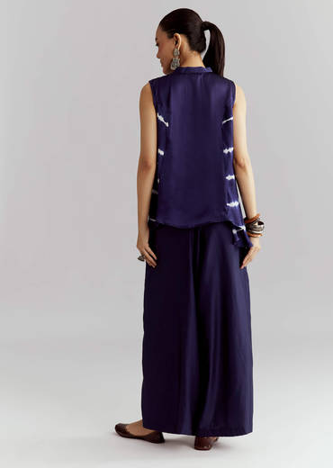 Blue Satin Indo Western Set With Bandhani And Leheriya Print