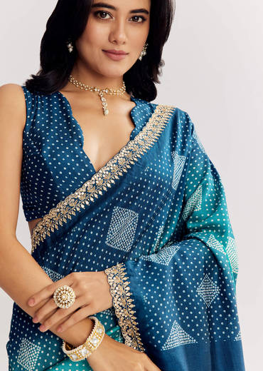 Blue Shaded Muslin Printed Saree With Embellishments
