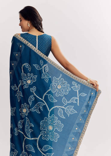 Blue Shaded Muslin Printed Saree With Embellishments