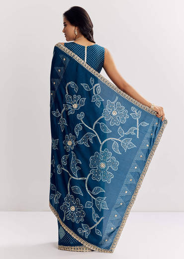 Blue Shaded Muslin Printed Saree With Embellishments